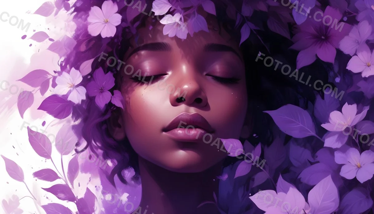 Digital Painting A Young Black Girl With Closed Eyes And Full Lips Surrounded By Purple Flowers And Leaves The Background Is Filled With Various Shades Of Purple Creating A Dreamy Atmosphere Bold And Slim Lines B 18 837a