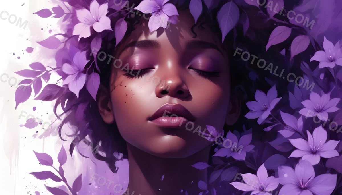 Digital Painting A Young Black Girl With Closed Eyes And Full Lips Surrounded By Purple Flowers And Leaves The Background Is Filled With Various Shades Of Purple Creating A Dreamy Atmosphere Bold And Slim Lines B 20 8b25