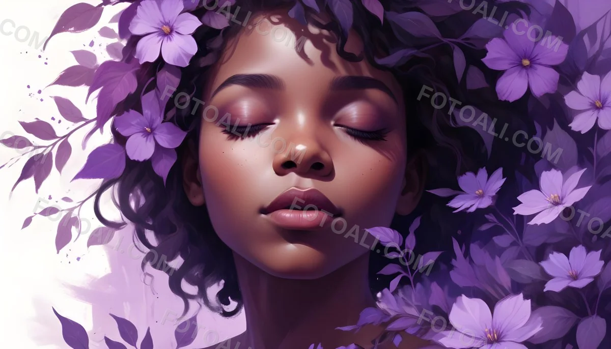 Digital Painting A Young Black Girl With Closed Eyes And Full Lips Surrounded By Purple Flowers And Leaves The Background Is Filled With Various Shades Of Purple Creating A Dreamy Atmosphere Bold And Slim Lines B 24 1d77