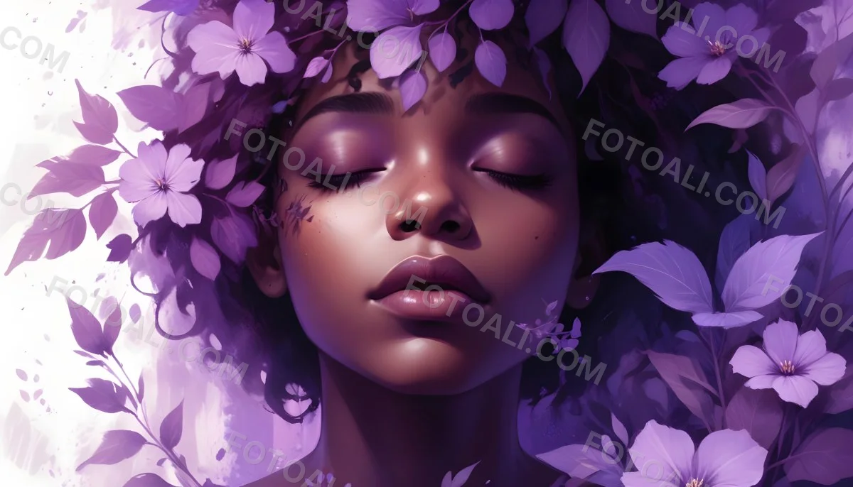 Digital Painting A Young Black Girl With Closed Eyes And Full Lips Surrounded By Purple Flowers And Leaves The Background Is Filled With Various Shades Of Purple Creating A Dreamy Atmosphere Bold And Slim Lines B 28 83aa