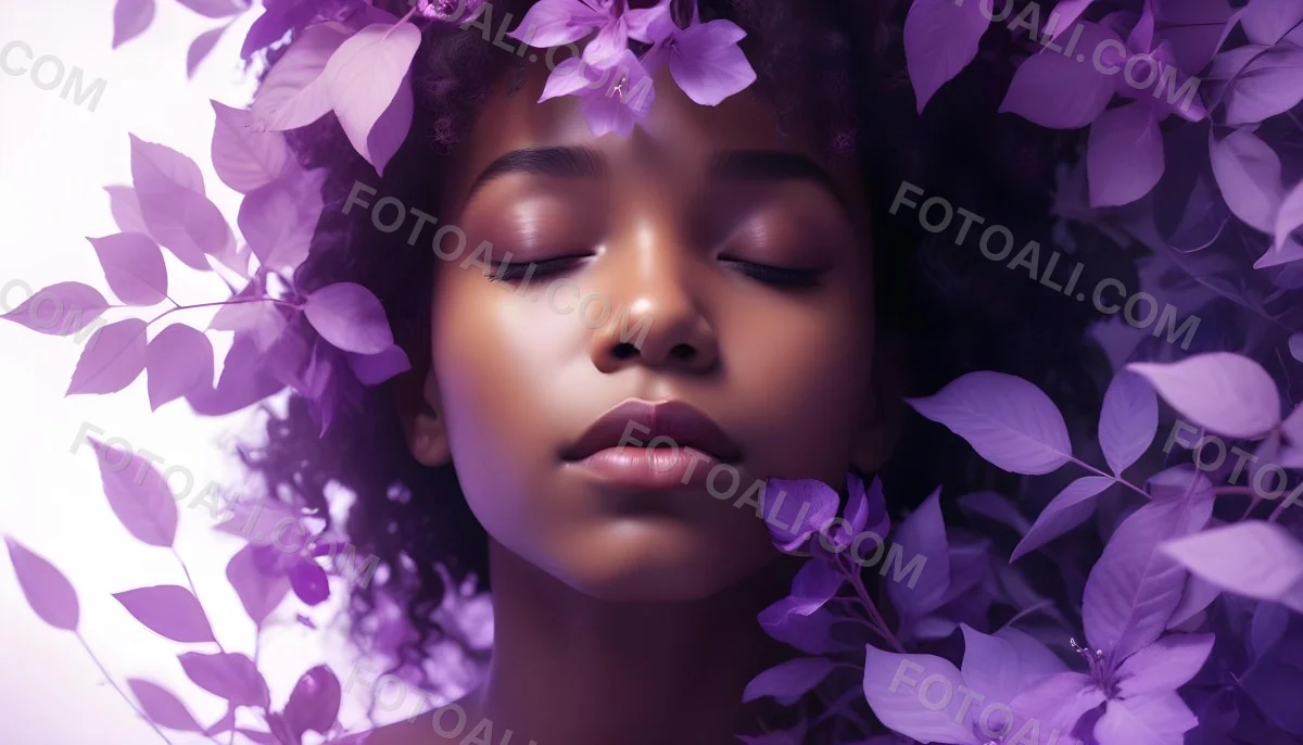 Digital Painting A Young Black Girl With Closed Eyes And Full Lips Surrounded By Purple Flowers And Leaves The Background Is Filled With Various Shades Of Purple Creating A Dreamy Atmosphere Bold And Slim Lines B 31 46b3