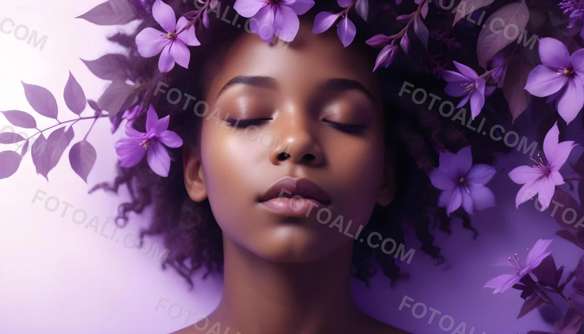 Digital Painting A Young Black Girl With Closed Eyes And Full Lips Surrounded By Purple Flowers And Leaves The Background Is Filled With Various Shades Of Purple Creating A Dreamy Atmosphere Bold And Slim Lines B 35 7f6e