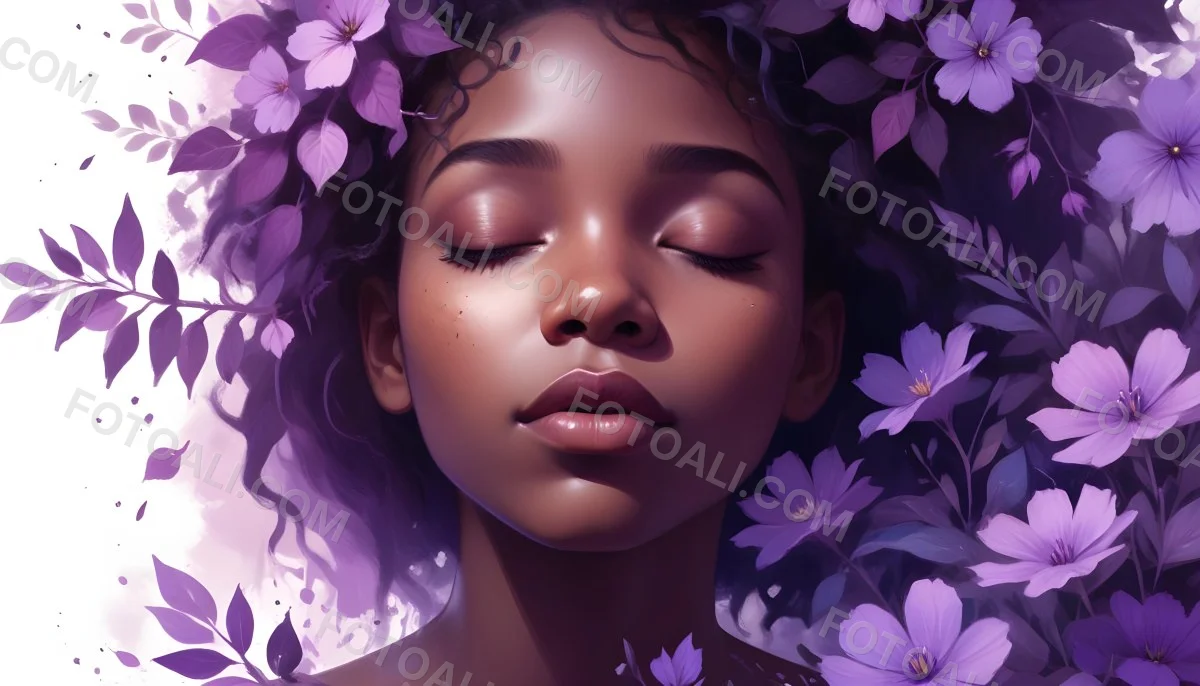Digital Painting A Young Black Girl With Closed Eyes And Full Lips Surrounded By Purple Flowers And Leaves The Background Is Filled With Various Shades Of Purple Creating A Dreamy Atmosphere Bold And Slim Lines B 40 75dc