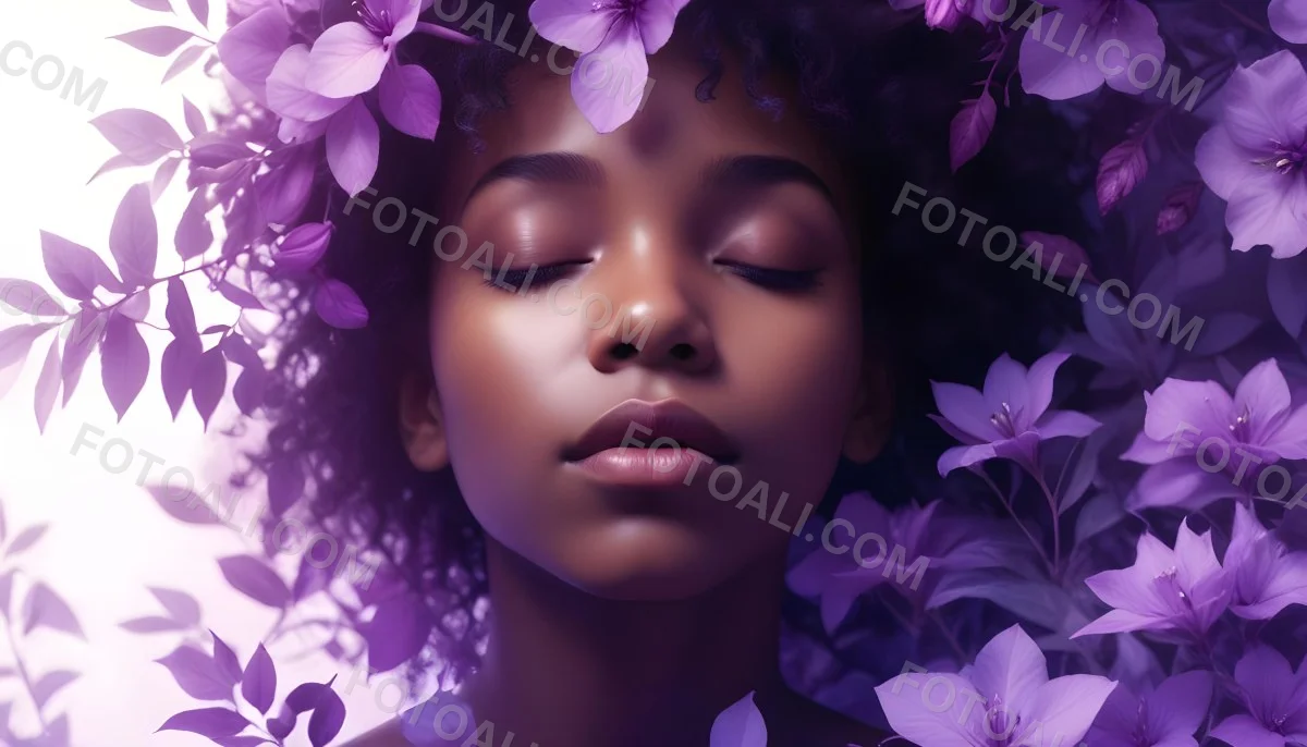 Digital Painting A Young Black Girl With Closed Eyes And Full Lips Surrounded By Purple Flowers And Leaves The Background Is Filled With Various Shades Of Purple Creating A Dreamy Atmosphere Bold And Slim Lines B 45 D23a