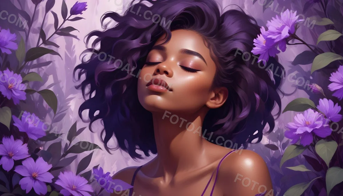 Digital Painting A Young Black Girl With Closed Eyes And Full Lips Surrounded By Purple Flowers And Leaves The Background Is Filled With Various Shades Of Purple Creating A Dreamy Atmosphere Bold And Slim Lines B 48 21b3