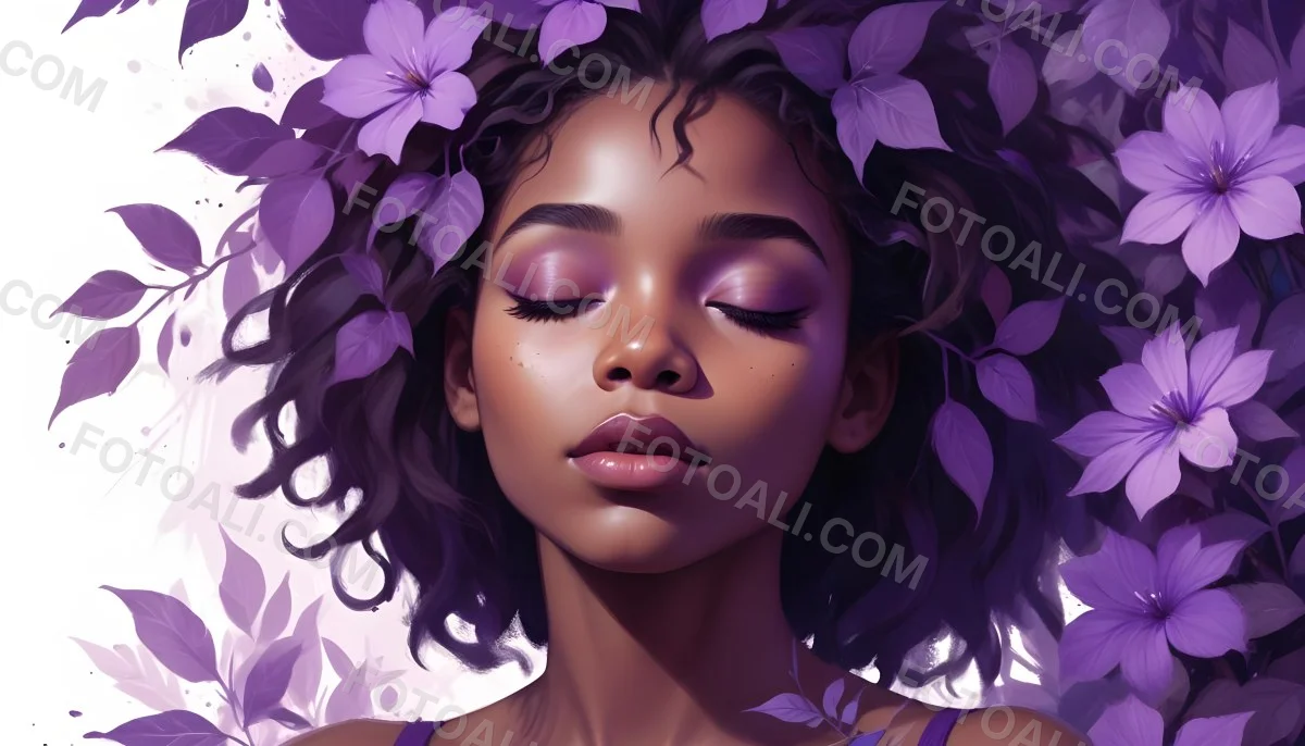 Digital Painting A Young Black Girl With Closed Eyes And Full Lips Surrounded By Purple Flowers And Leaves The Background Is Filled With Various Shades Of Purple Creating A Dreamy Atmosphere Bold And Slim Lines B 49 432c
