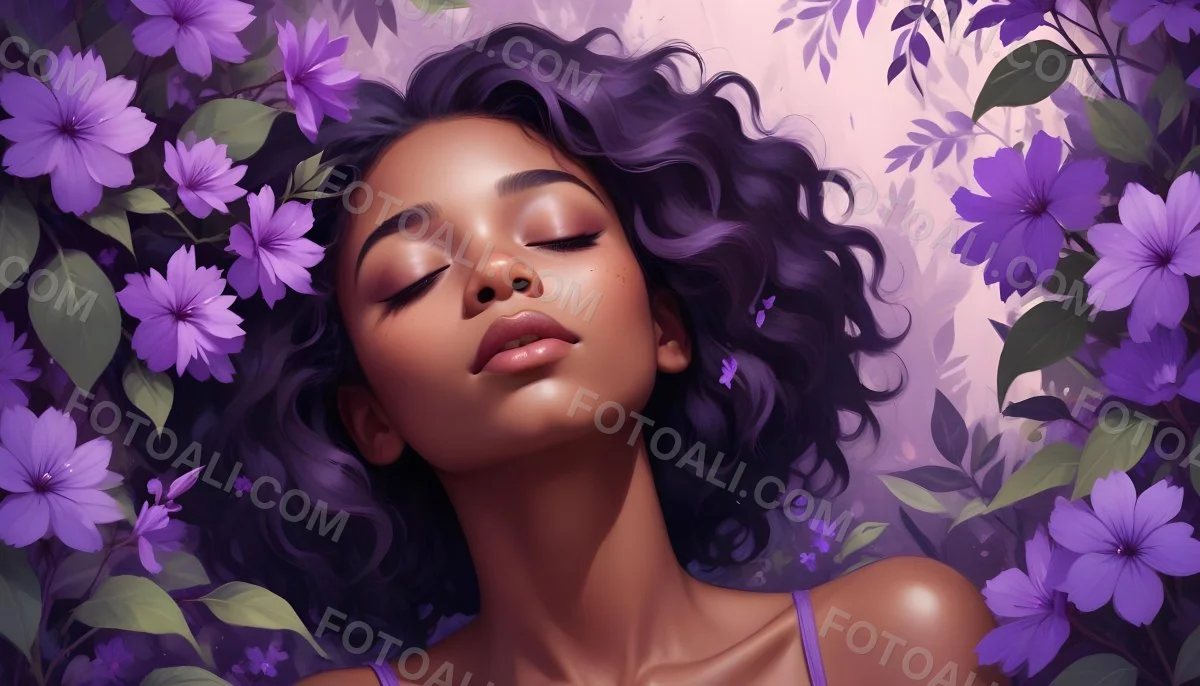 Digital Painting A Young Black Girl With Closed Eyes And Full Lips Surrounded By Purple Flowers And Leaves The Background Is Filled With Various Shades Of Purple Creating A Dreamy Atmosphere Bold And Slim Lines B 50 C98f