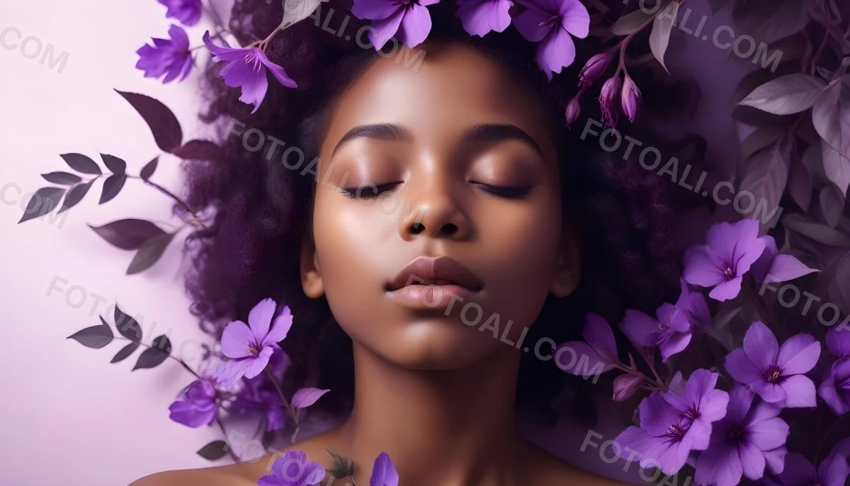 Digital Painting A Young Black Girl With Closed Eyes And Full Lips Surrounded By Purple Flowers And Leaves The Background Is Filled With Various Shades Of Purple Creating A Dreamy Atmosphere Bold And Slim Lines B 7 F11f