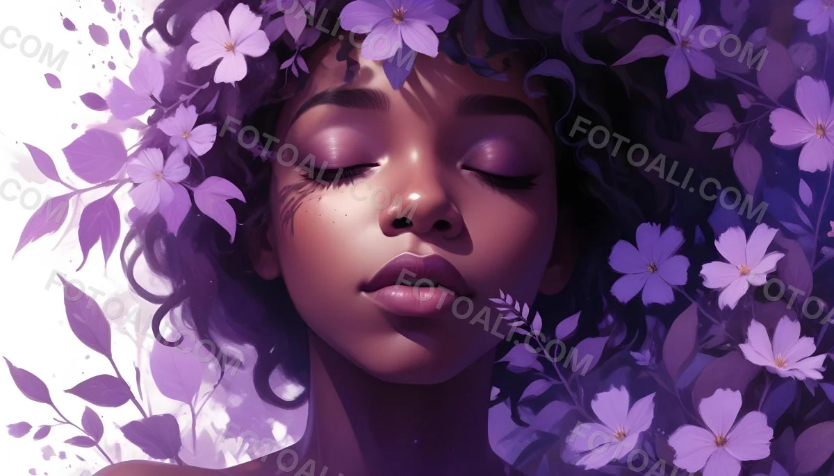 Digital Painting A Young Black Girl With Closed Eyes And Full Lips Surrounded By Purple Flowers And Leaves The Background Is Filled With Various Shades Of Purple Creating A Dreamy Atmosphere Bold And Slim Lines B 8 2477