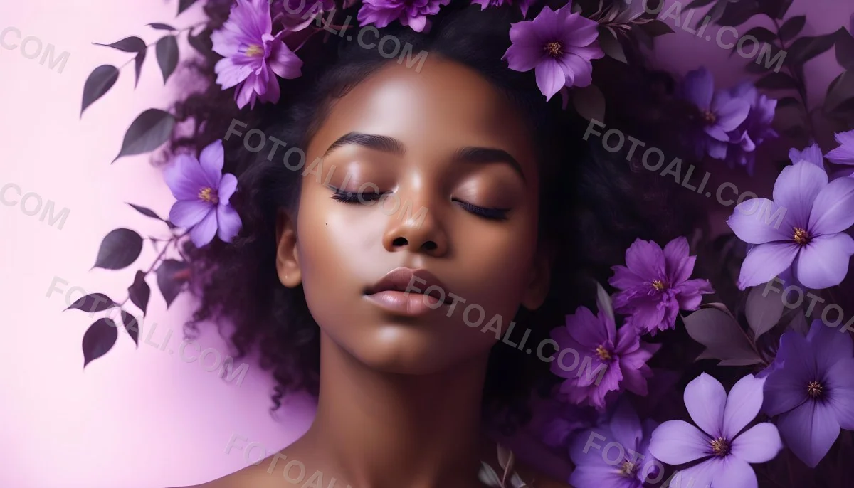 Digital Painting A Young Black Girl With Closed Eyes And Full Lips Surrounded By Purple Flowers And Leaves The Background Is Filled With Various Shades Of Purple Creating A Dreamy Atmosphere Bold And Slim Lines B 9 99ff