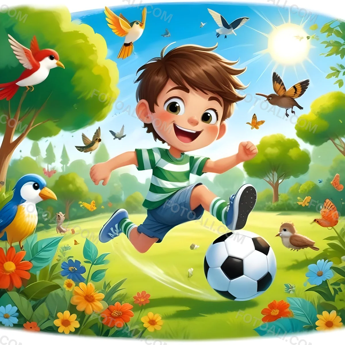 Digital Painting A Young Boy Around 6 Years Old With Light Skin And Brown Hair Wearing A Green And White Striped Shirt And Shorts Joyfully Running While Kicking A Black And White Soccer Ball The Ba 2 B287
