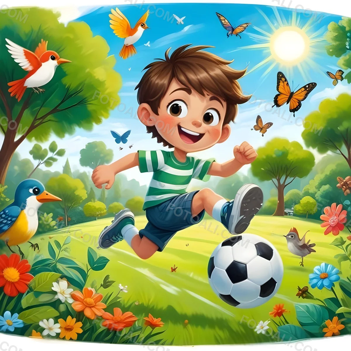 Digital Painting A Young Boy Around 6 Years Old With Light Skin And Brown Hair Wearing A Green And White Striped Shirt And Shorts Joyfully Running While Kicking A Black And White Soccer Ball The Ba 23 7bf1