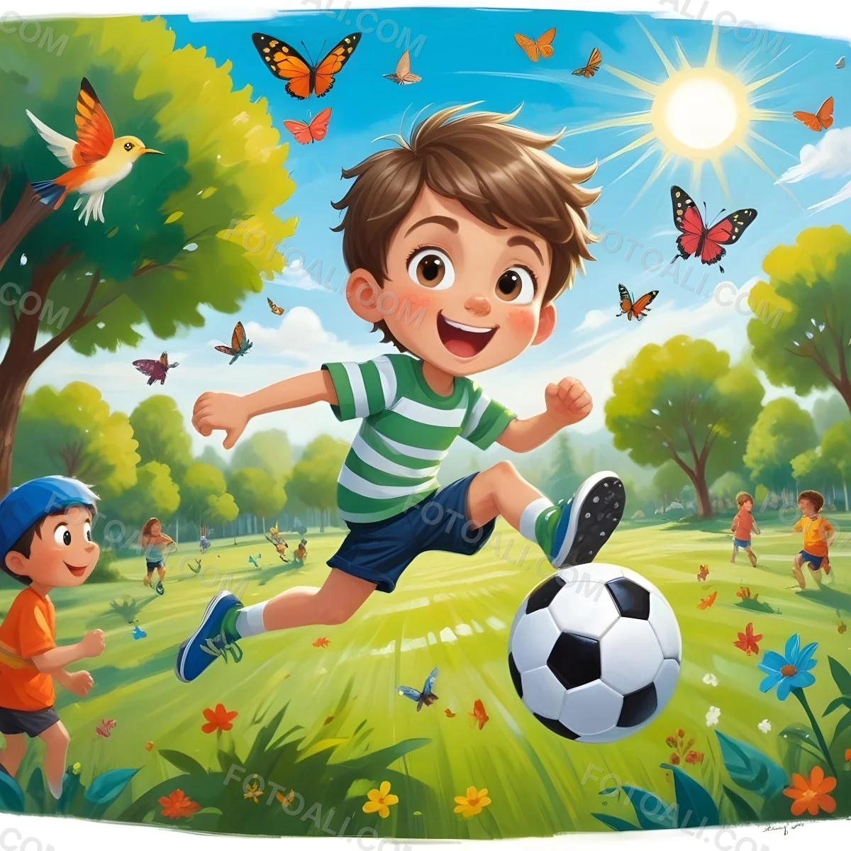Digital Painting A Young Boy Around 6 Years Old With Light Skin And Brown Hair Wearing A Green And White Striped Shirt And Shorts Joyfully Running While Kicking A Black And White Soccer Ball The Ba 36 09f9