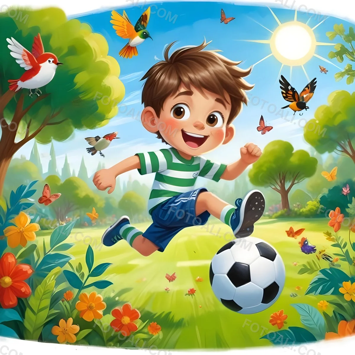 Digital Painting A Young Boy Around 6 Years Old With Light Skin And Brown Hair Wearing A Green And White Striped Shirt And Shorts Joyfully Running While Kicking A Black And White Soccer Ball The Ba 39 551d