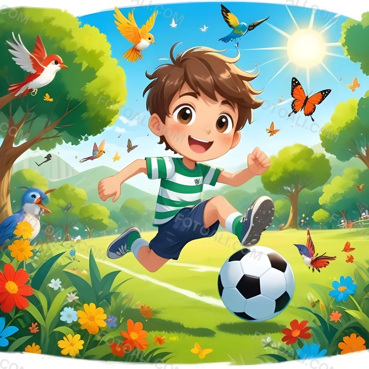 Digital Painting A Young Boy Around 6 Years Old With Light Skin And Brown Hair Wearing A Green And White Striped Shirt And Shorts Joyfully Running While Kicking A Black And White Soccer Ball The Ba 45 6f3e