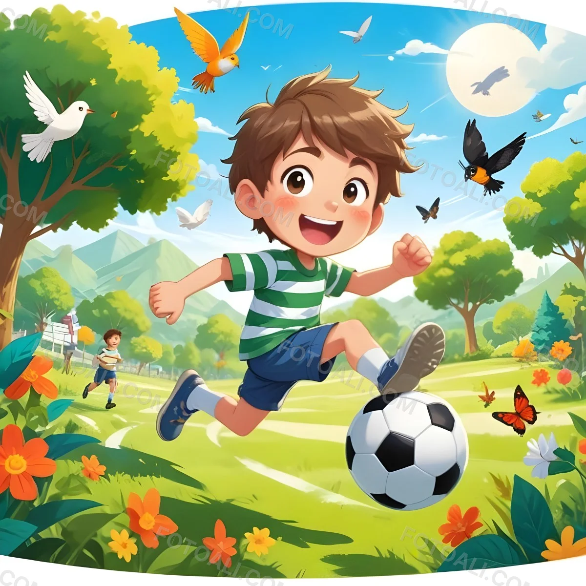 Digital Painting A Young Boy Around 6 Years Old With Light Skin And Brown Hair Wearing A Green And White Striped Shirt And Shorts Joyfully Running While Kicking A Black And White Soccer Ball The Ba 49 Dc71