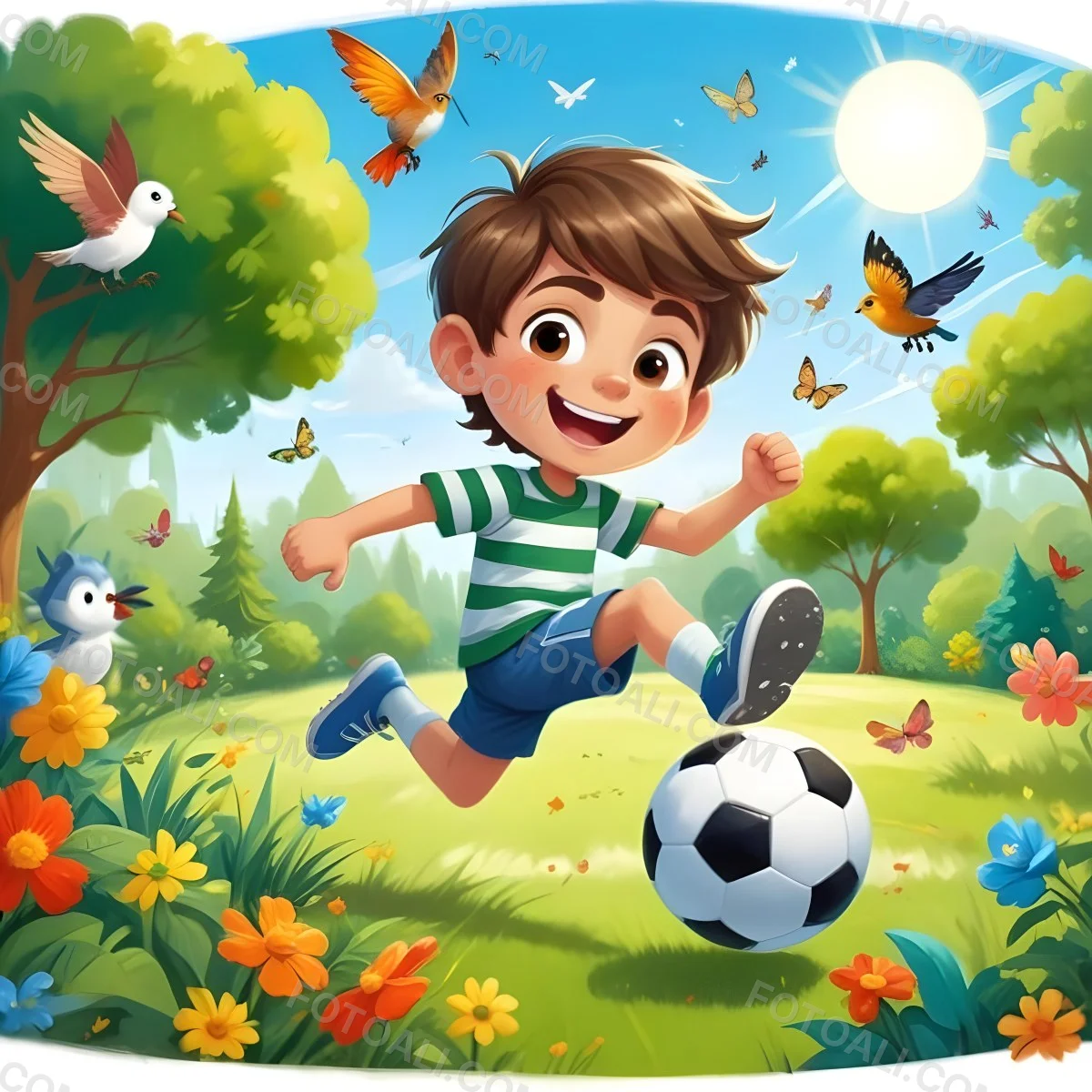 Digital Painting A Young Boy Around 6 Years Old With Light Skin And Brown Hair Wearing A Green And White Striped Shirt And Shorts Joyfully Running While Kicking A Black And White Soccer Ball The Ba 6 356d