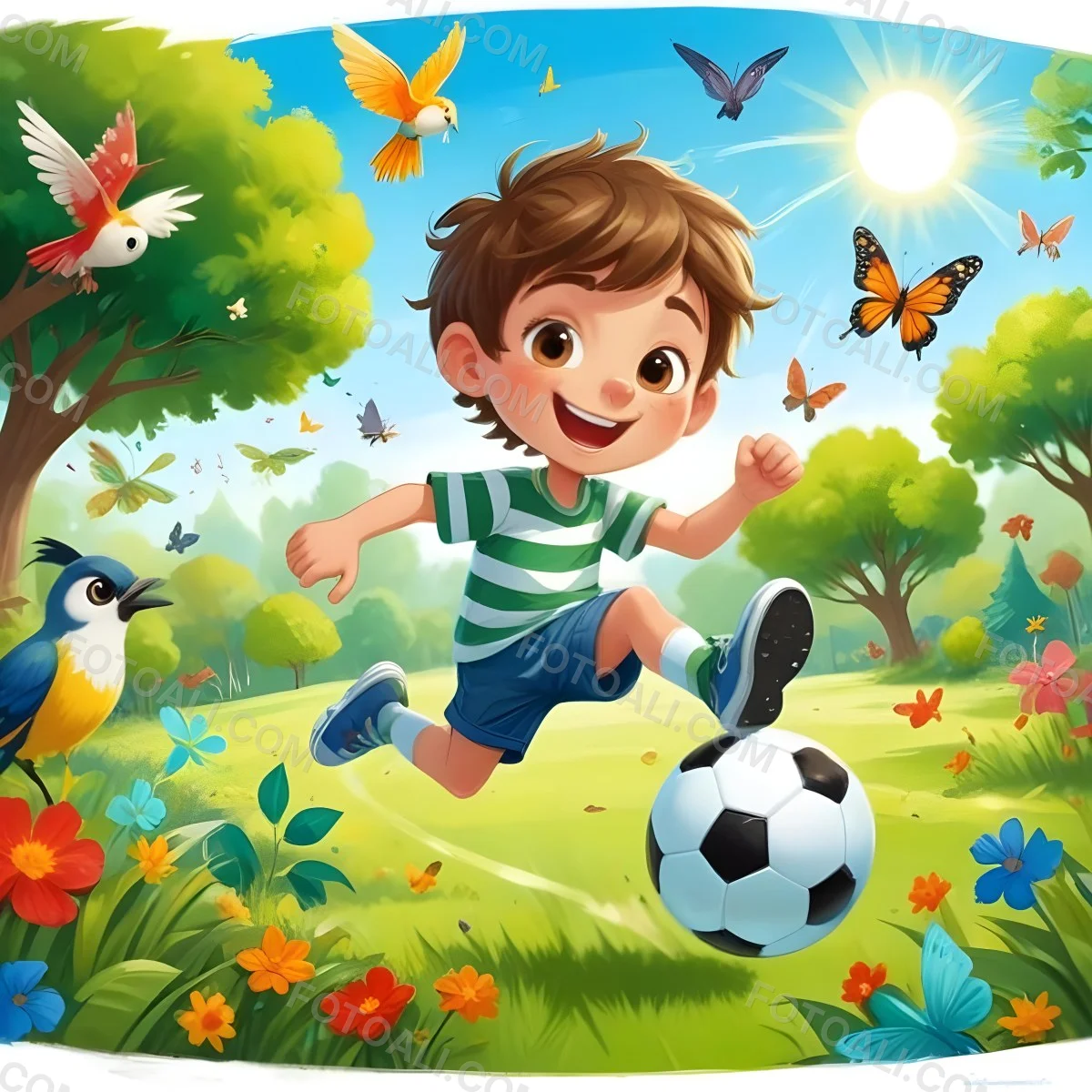 Digital Painting A Young Boy Around 6 Years Old With Light Skin And Brown Hair Wearing A Green And White Striped Shirt And Shorts Joyfully Running While Kicking A Black And White Soccer Ball The Ba 8 0704