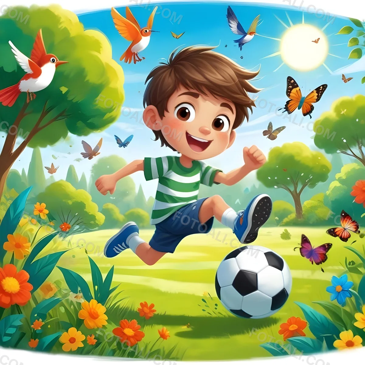 Digital Painting A Young Boy Around 6 Years Old With Light Skin And Brown Hair Wearing A Green And White Striped Shirt And Shorts Joyfully Running While Kicking A Black And White Soccer Ball The Ba 9 5588