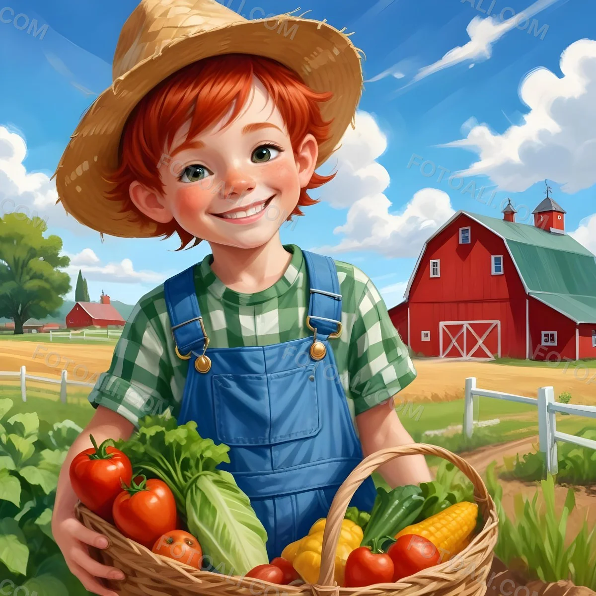 Digital Painting A Young Boy With Red Hair And Brown Eyes Around 8 Years Old Wearing A Green Checkered Shirt And Blue Overalls He Is Holding A Basket Filled With Vegetables Smiling And Tipping His Straw Hat The Ba 1 Bf94
