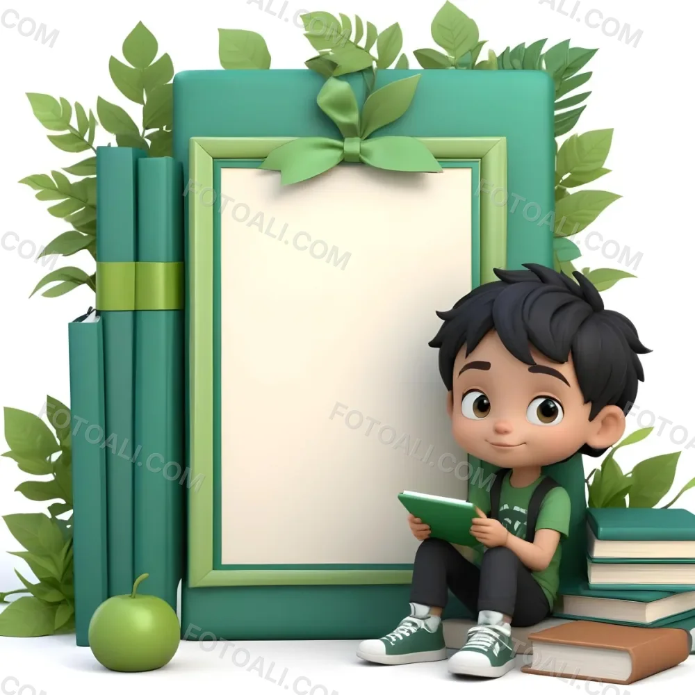 Digital Painting A Young Boy With Short Black Hair And A Light Skin Tone Is Sitting Beside A Stack Of Books Holding A Green Tablet He Is Wearing A Black Shirt And Green Pants Next To Him Is A Large Green Pen And A De 10 B9d6