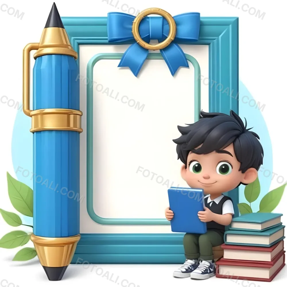 Digital Painting A Young Boy With Short Black Hair And A Light Skin Tone Is Sitting Beside A Stack Of Books Holding A Green Tablet He Is Wearing A Black Shirt And Green Pants Next To Him Is A Large Green Pen And A De 11 5381