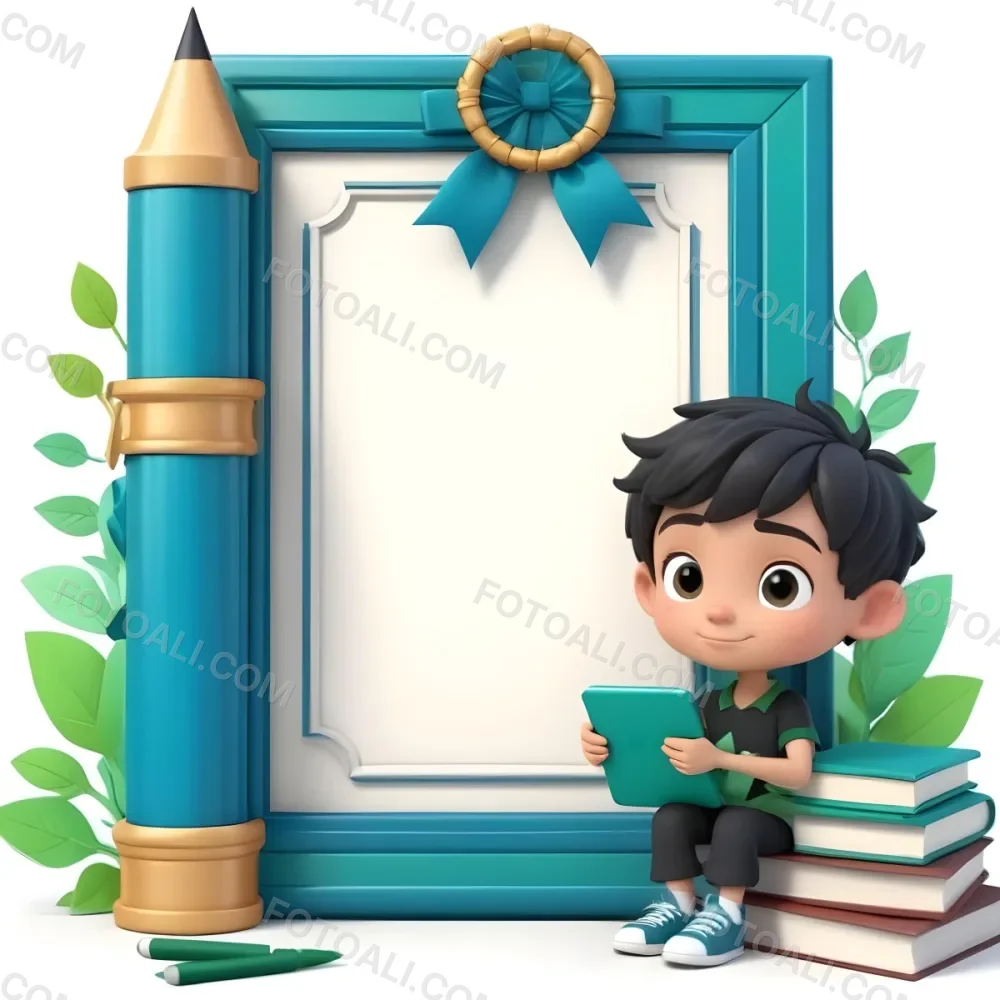 Digital Painting A Young Boy With Short Black Hair And A Light Skin Tone Is Sitting Beside A Stack Of Books Holding A Green Tablet He Is Wearing A Black Shirt And Green Pants Next To Him Is A Large Green Pen And A De 12 7163