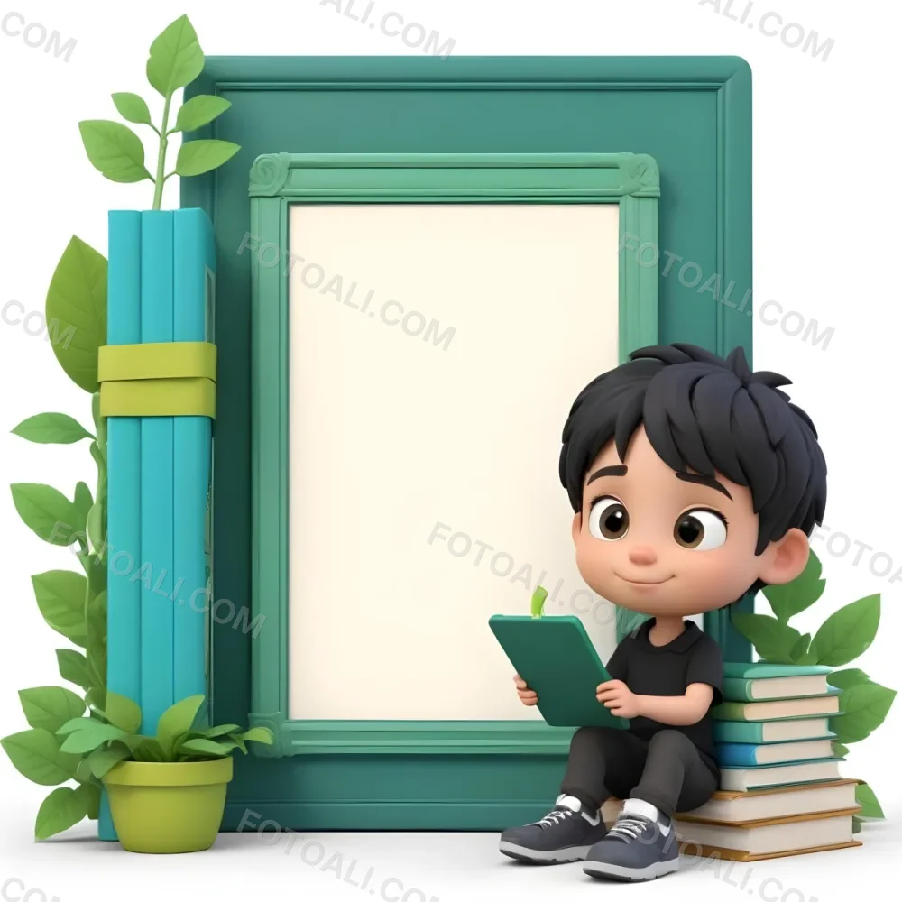 Digital Painting A Young Boy With Short Black Hair And A Light Skin Tone Is Sitting Beside A Stack Of Books Holding A Green Tablet He Is Wearing A Black Shirt And Green Pants Next To Him Is A Large Green Pen And A De 16 2ac4