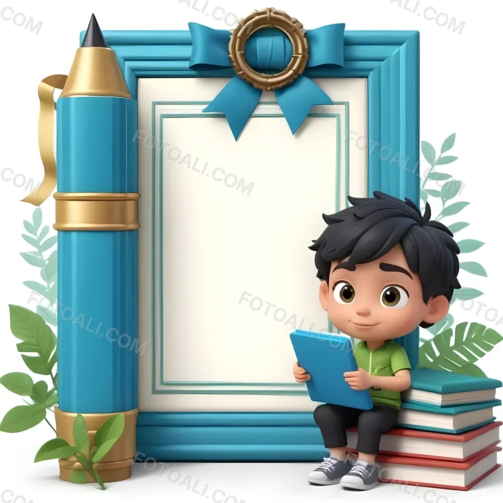 Digital Painting A Young Boy With Short Black Hair And A Light Skin Tone Is Sitting Beside A Stack Of Books Holding A Green Tablet He Is Wearing A Black Shirt And Green Pants Next To Him Is A Large Green Pen And A De 19 53c9