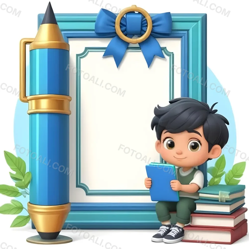 Digital Painting A Young Boy With Short Black Hair And A Light Skin Tone Is Sitting Beside A Stack Of Books Holding A Green Tablet He Is Wearing A Black Shirt And Green Pants Next To Him Is A Large Green Pen And A De 20 F40c