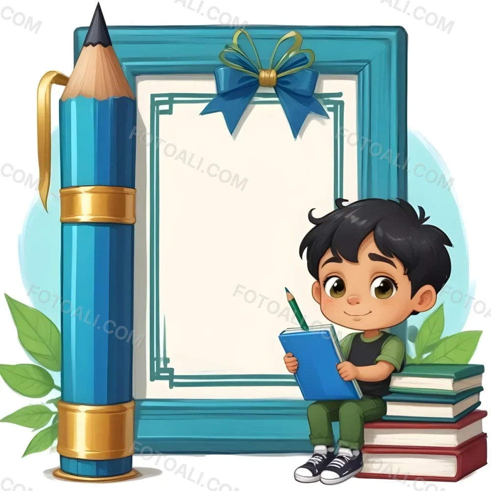 Digital Painting A Young Boy With Short Black Hair And A Light Skin Tone Is Sitting Beside A Stack Of Books Holding A Green Tablet He Is Wearing A Black Shirt And Green Pants Next To Him Is A Large Green Pen And A De 21 B2d7