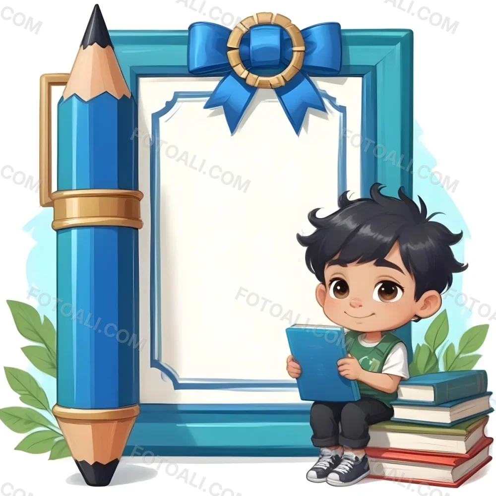 Digital Painting A Young Boy With Short Black Hair And A Light Skin Tone Is Sitting Beside A Stack Of Books Holding A Green Tablet He Is Wearing A Black Shirt And Green Pants Next To Him Is A Large Green Pen And A De 22 2aa0