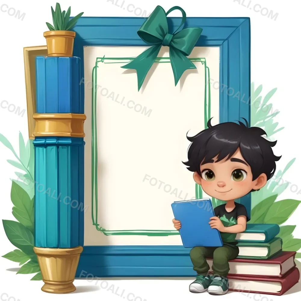 Digital Painting A Young Boy With Short Black Hair And A Light Skin Tone Is Sitting Beside A Stack Of Books Holding A Green Tablet He Is Wearing A Black Shirt And Green Pants Next To Him Is A Large Green Pen And A De 24 908f