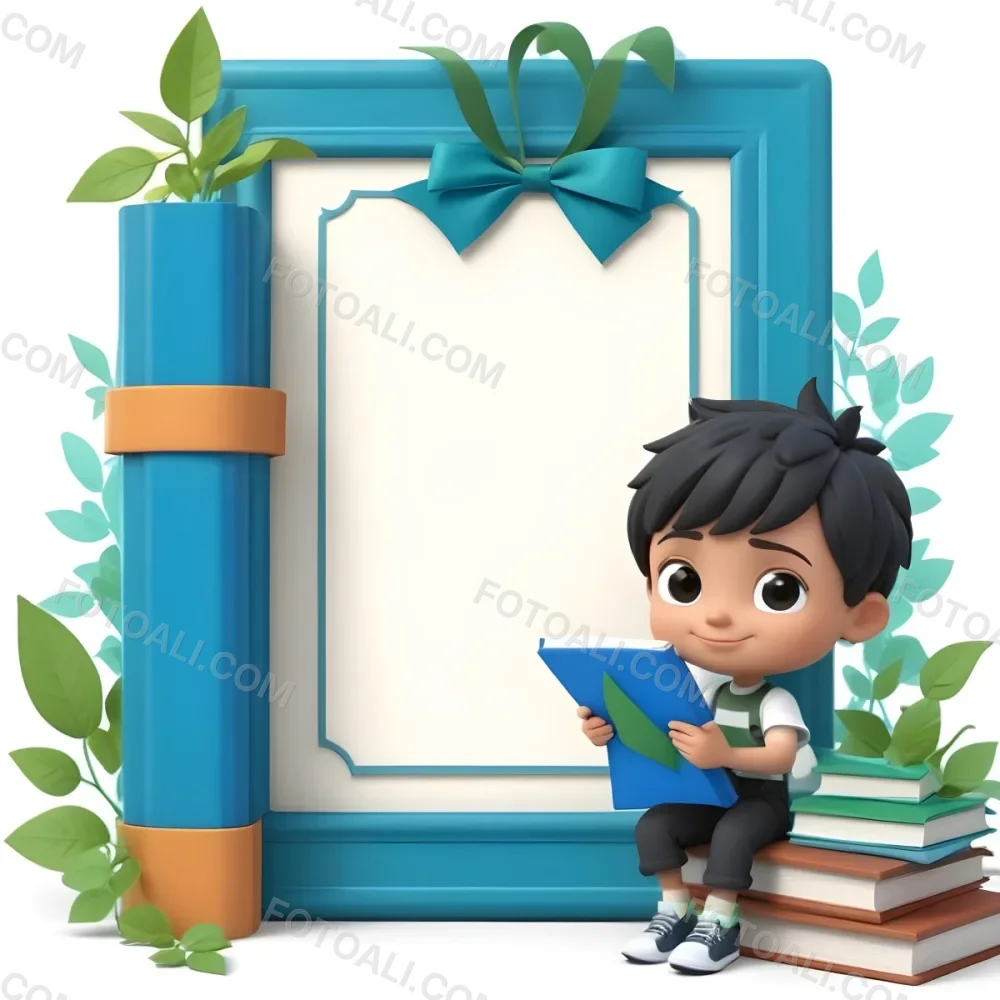 Digital Painting A Young Boy With Short Black Hair And A Light Skin Tone Is Sitting Beside A Stack Of Books Holding A Green Tablet He Is Wearing A Black Shirt And Green Pants Next To Him Is A Large Green Pen And A De 5 D471