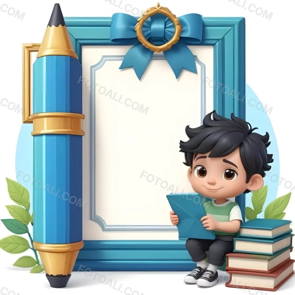 Digital Painting A Young Boy With Short Black Hair And A Light Skin Tone Is Sitting Beside A Stack Of Books Holding A Green Tablet He Is Wearing A Black Shirt And Green Pants Next To Him Is A Large Green Pen And A De 6 3587