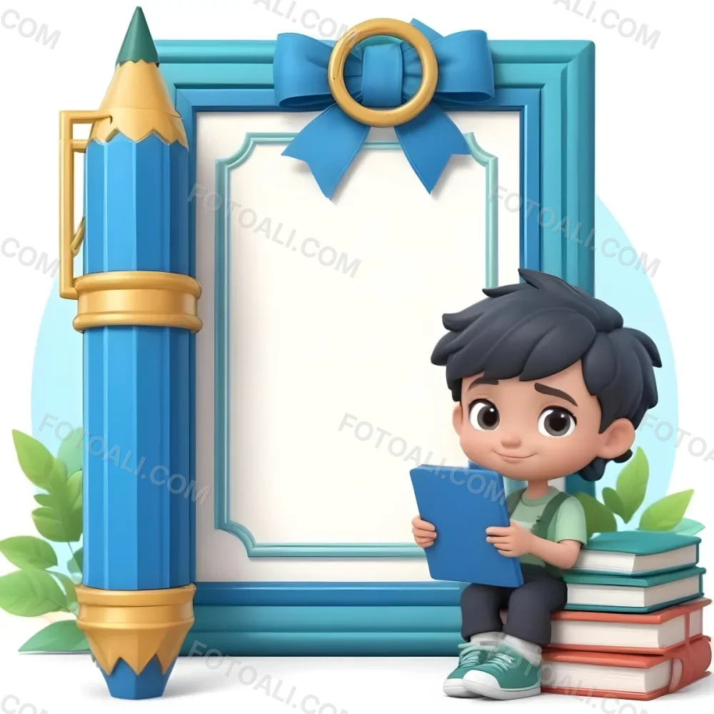 Digital Painting A Young Boy With Short Black Hair And A Light Skin Tone Is Sitting Beside A Stack Of Books Holding A Green Tablet He Is Wearing A Black Shirt And Green Pants Next To Him Is A Large Green Pen And A De 7 296b