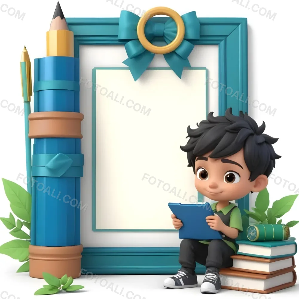 Digital Painting A Young Boy With Short Black Hair And A Light Skin Tone Is Sitting Beside A Stack Of Books Holding A Green Tablet He Is Wearing A Black Shirt And Green Pants Next To Him Is A Large Green Pen And A De 9 553e