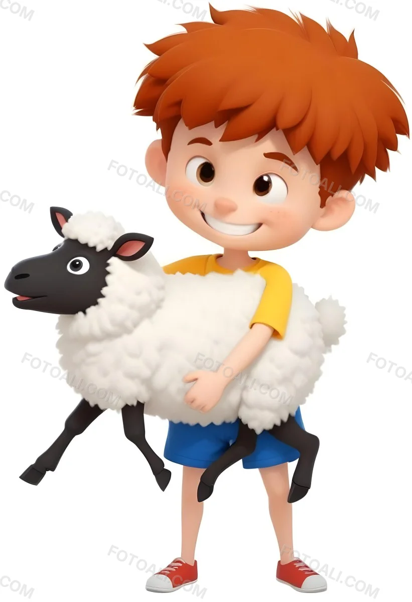 Digital Painting A Young Boy With Short Spiky Black Hair And A Big Smile Is Holding A Fluffy White Sheep With A Black Face The Boy Is Wearing A Blue T Shirt And Yellow Shorts The Background Is Plain White Bold And S 10 D3c5