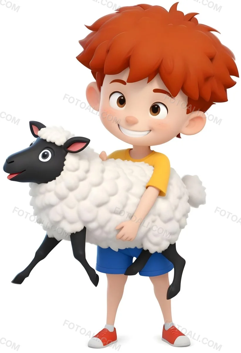 Digital Painting A Young Boy With Short Spiky Black Hair And A Big Smile Is Holding A Fluffy White Sheep With A Black Face The Boy Is Wearing A Blue T Shirt And Yellow Shorts The Background Is Plain White Bold And S 11 D409