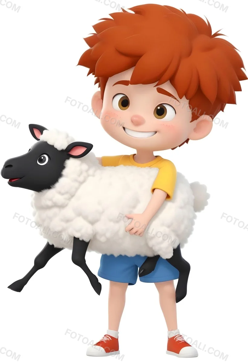 Digital Painting A Young Boy With Short Spiky Black Hair And A Big Smile Is Holding A Fluffy White Sheep With A Black Face The Boy Is Wearing A Blue T Shirt And Yellow Shorts The Background Is Plain White Bold And S 12 2a79