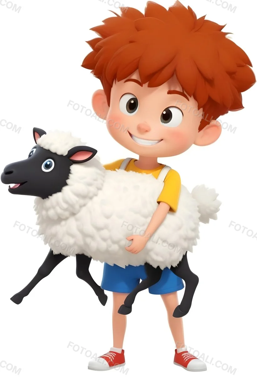 Digital Painting A Young Boy With Short Spiky Black Hair And A Big Smile Is Holding A Fluffy White Sheep With A Black Face The Boy Is Wearing A Blue T Shirt And Yellow Shorts The Background Is Plain White Bold And S 13 3e3e