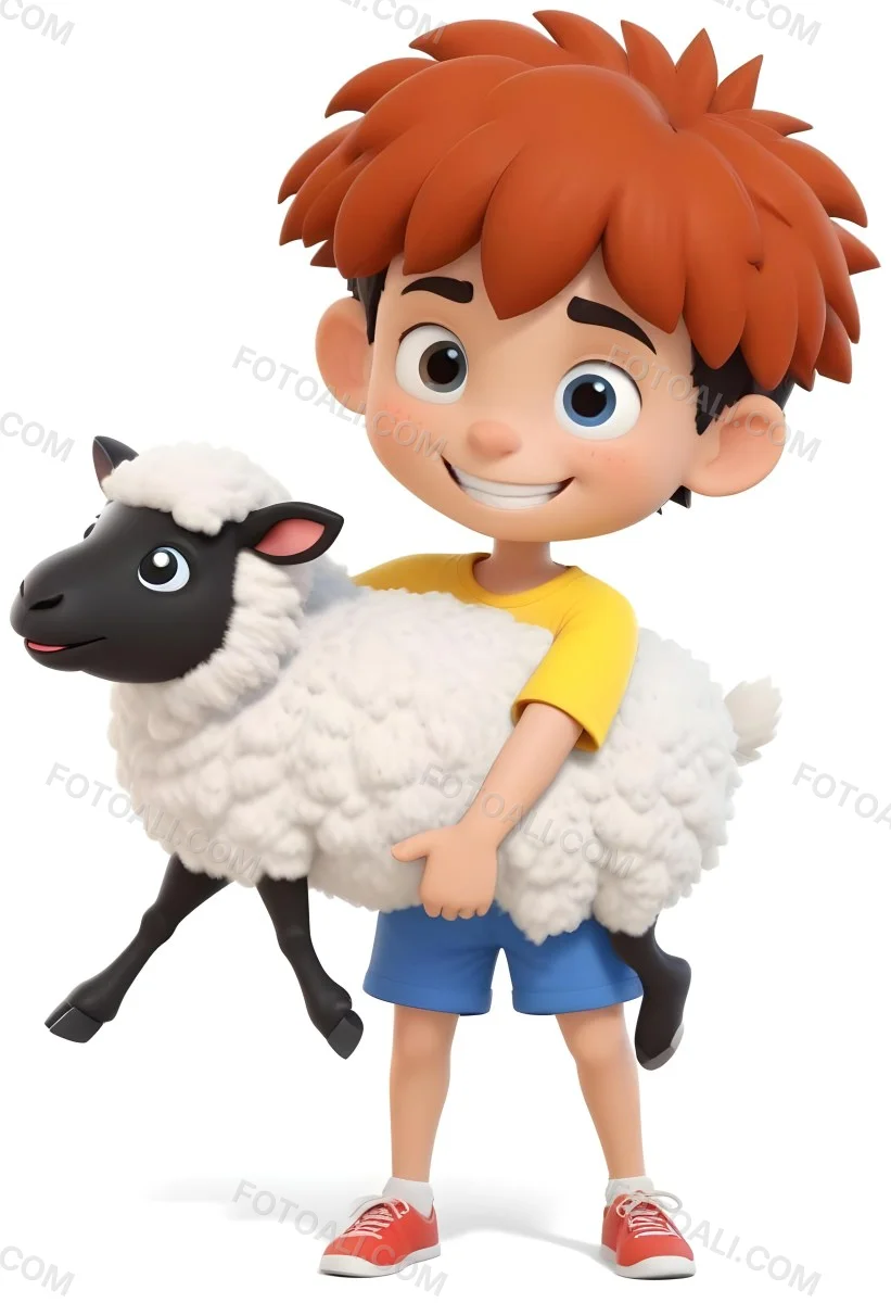 Digital Painting A Young Boy With Short Spiky Black Hair And A Big Smile Is Holding A Fluffy White Sheep With A Black Face The Boy Is Wearing A Blue T Shirt And Yellow Shorts The Background Is Plain White Bold And S 14 2394