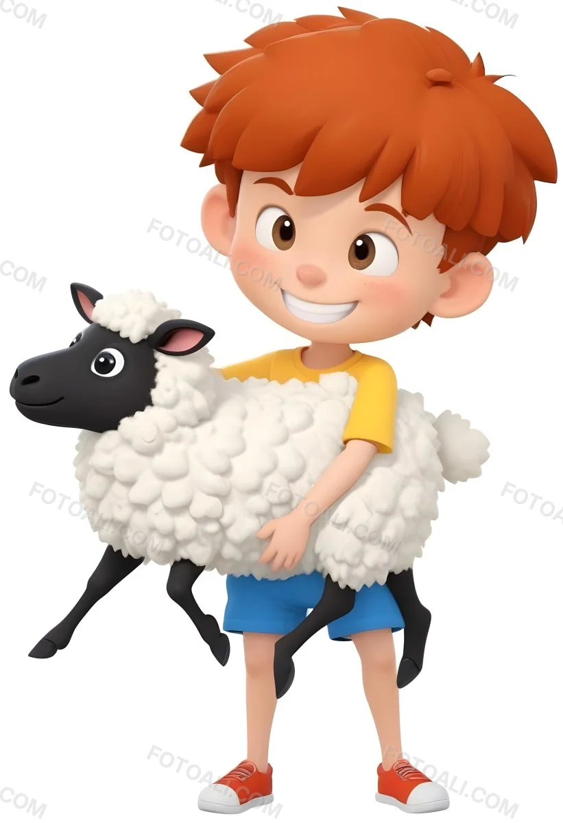 Digital Painting A Young Boy With Short Spiky Black Hair And A Big Smile Is Holding A Fluffy White Sheep With A Black Face The Boy Is Wearing A Blue T Shirt And Yellow Shorts The Background Is Plain White Bold And S 3 884f