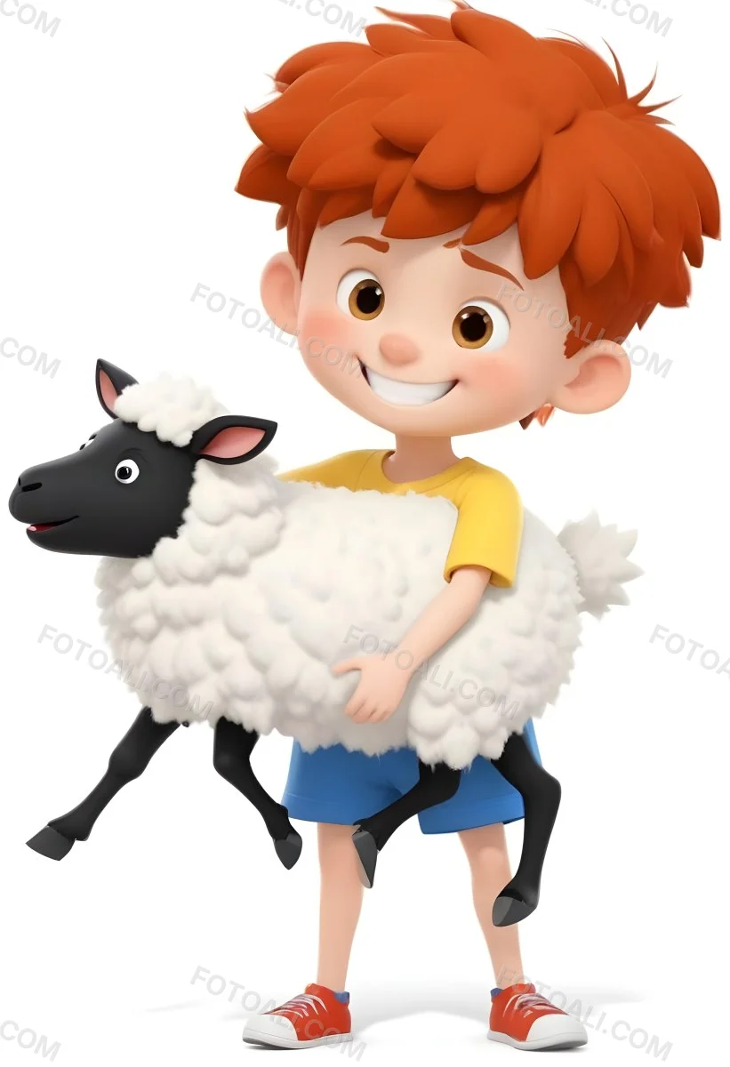 Digital Painting A Young Boy With Short Spiky Black Hair And A Big Smile Is Holding A Fluffy White Sheep With A Black Face The Boy Is Wearing A Blue T Shirt And Yellow Shorts The Background Is Plain White Bold And S 4 0a37
