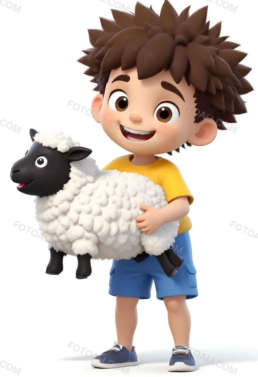 Digital Painting A Young Boy With Short Spiky Black Hair And A Big Smile Is Holding A Fluffy White Sheep With A Black Face The Boy Is Wearing A Blue T Shirt And Yellow Shorts The Background Is Plain White Bold And S 8 13c8