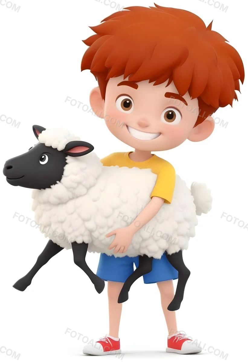 Digital Painting A Young Boy With Short Spiky Black Hair And A Big Smile Is Holding A Fluffy White Sheep With A Black Face The Boy Is Wearing A Blue T Shirt And Yellow Shorts The Background Is Plain White Bold And S 9 3654