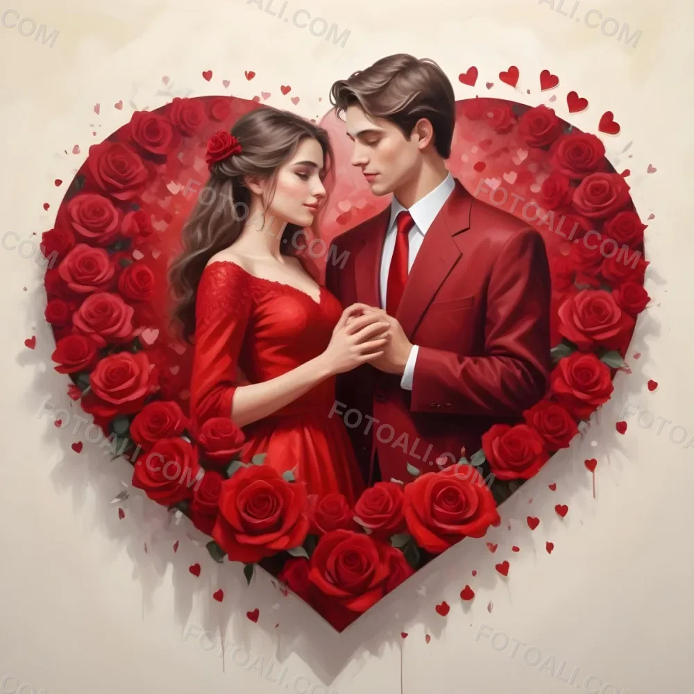 Digital Painting A Young Caucasian Couple In Formal Red Attire Embracing Each Other In A Heart Shaped Frame Surrounded By Roses And Hearts Bold And Slim Lines Brush Strokes 2 1bcb