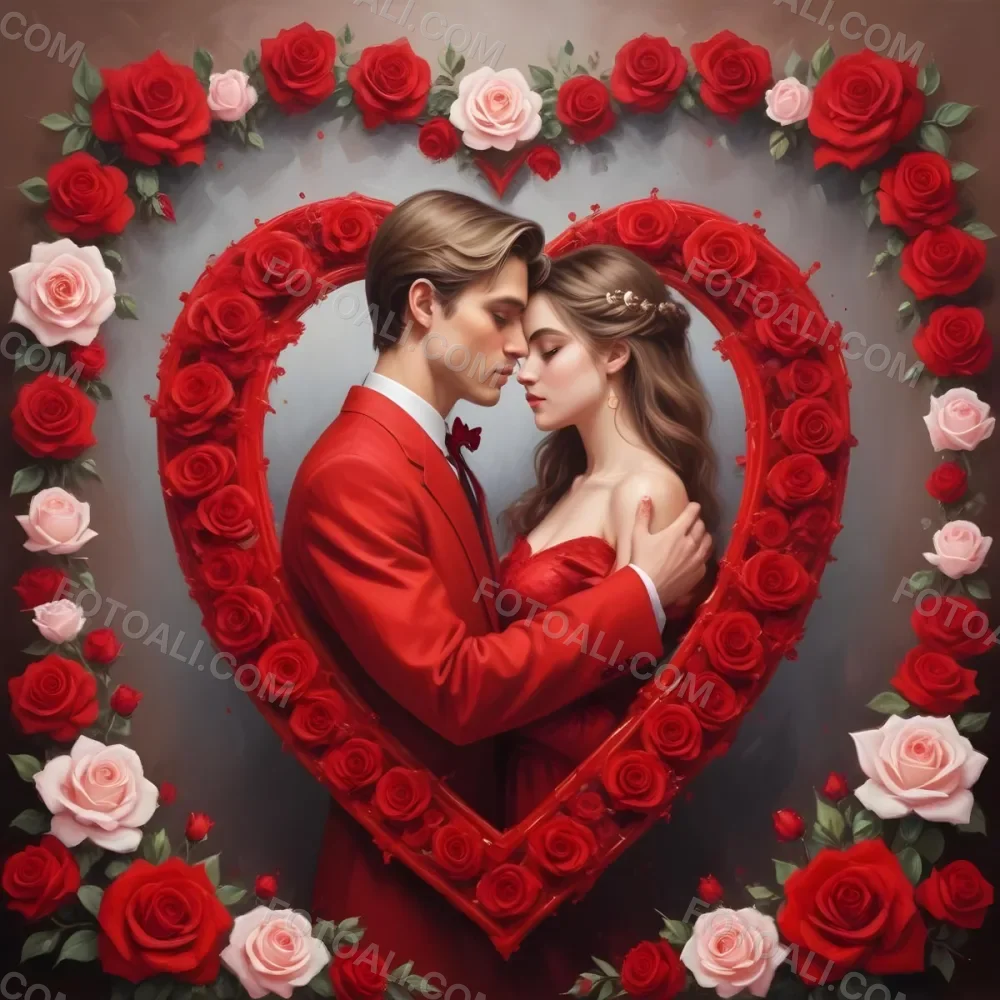 Digital Painting A Young Caucasian Couple In Formal Red Attire Embracing Each Other In A Heart Shaped Frame Surrounded By Roses And Hearts Bold And Slim Lines Brush Strokes 4 Db1e