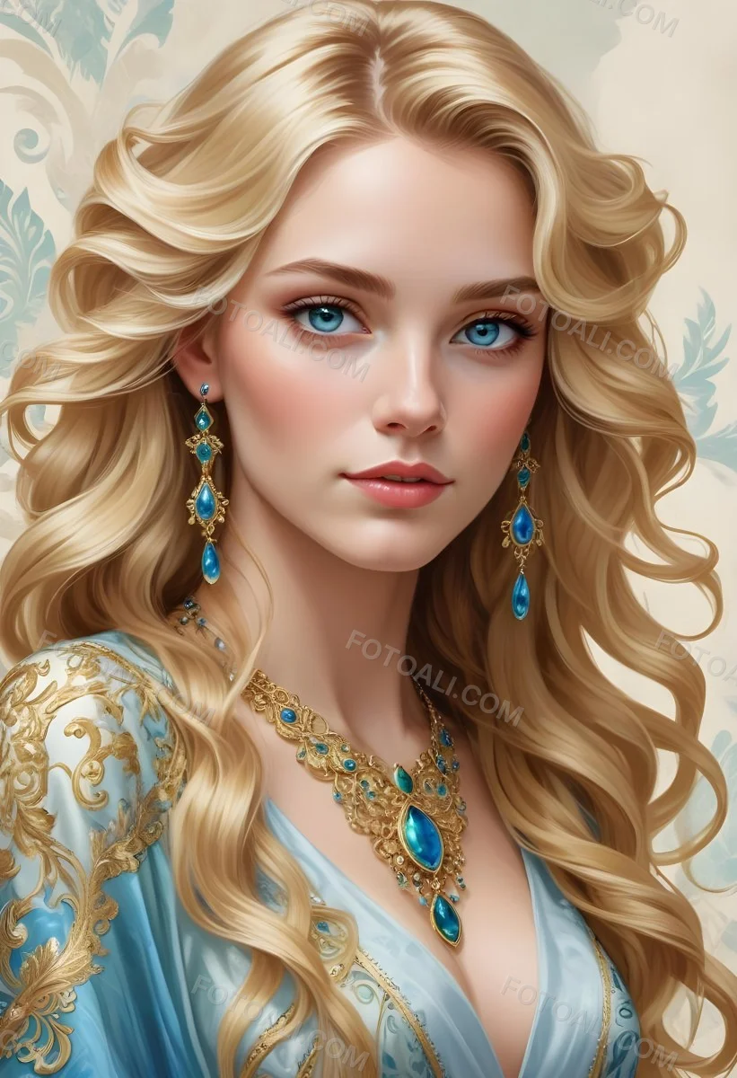 Digital Painting A Young Caucasian Woman With Long Wavy Blonde Hair And Striking Blue Eyes She Is Wearing Elegant Jewelry Including Large Green Earrings And A Matching Blue Gemstone Necklace The Background Features A 103 2e2c