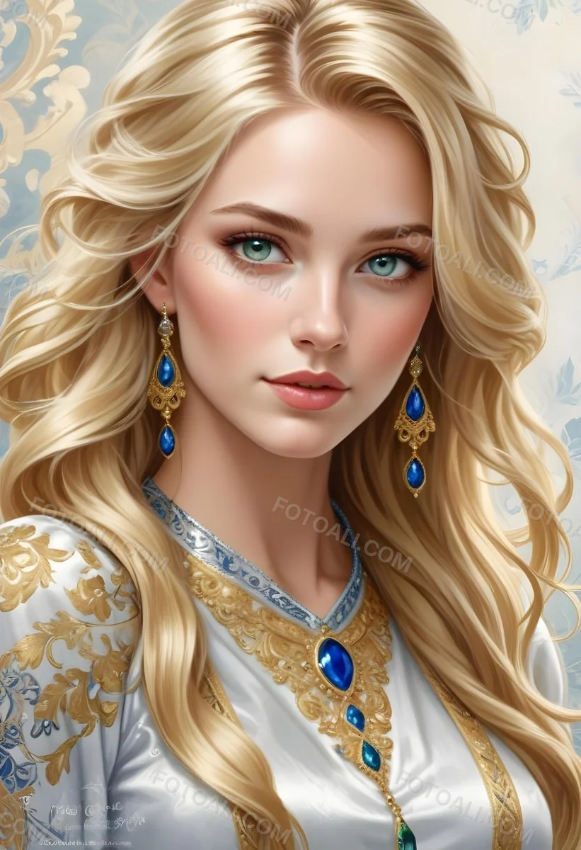 Digital Painting A Young Caucasian Woman With Long Wavy Blonde Hair And Striking Blue Eyes She Is Wearing Elegant Jewelry Including Large Green Earrings And A Matching Blue Gemstone Necklace The Background Features A 37 83fa